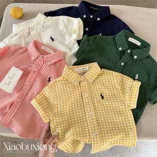 Kids Short Sleeve Shirt 2026 Summer Boys Girls Japanese Trendy Pony Plaid Shirt Baby Toddler Fashionable Top