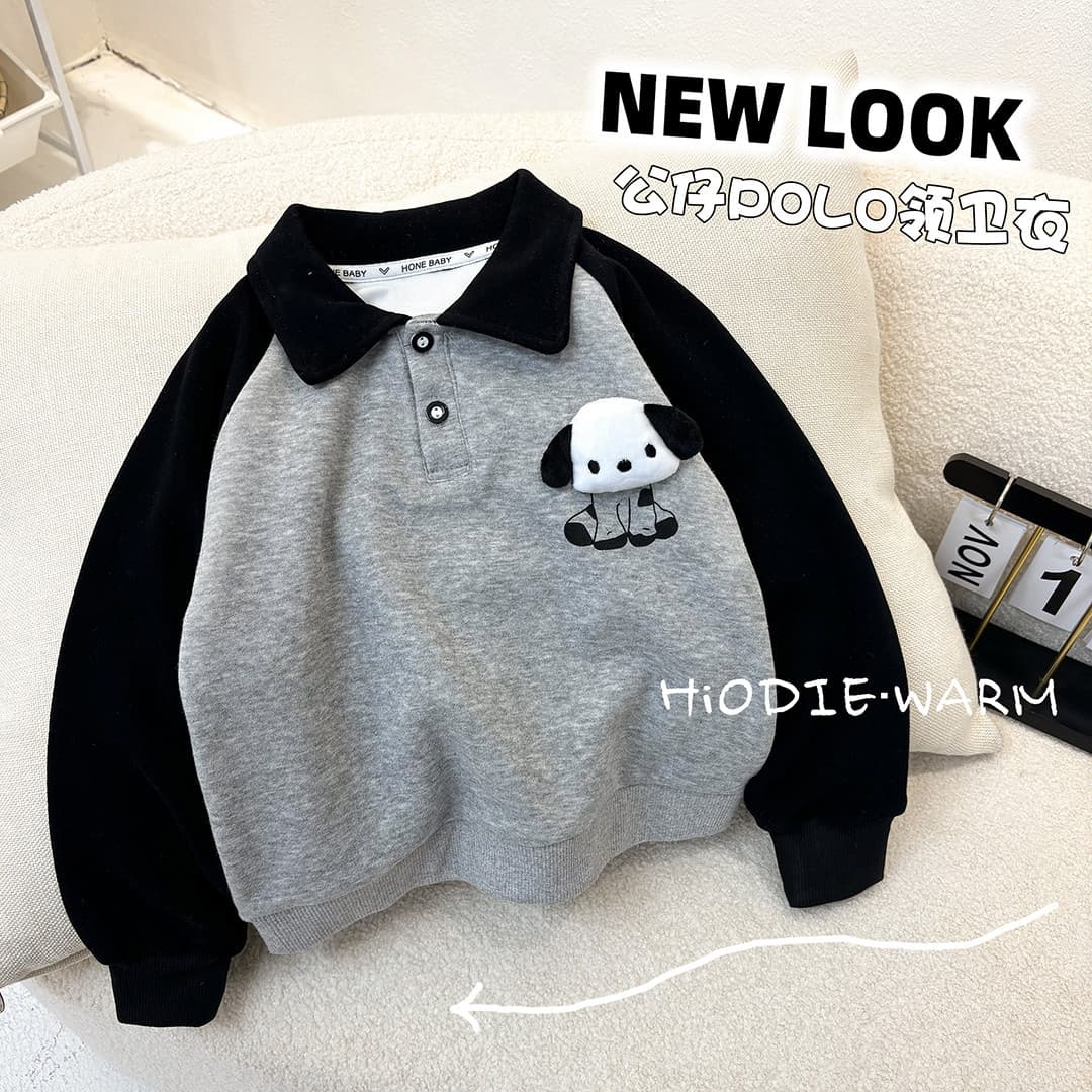 Pre-sale 7 days! Children's autumn long-sleeve POLO shirt, cotton raglan color-block with puppy design, Korean-style fall top
