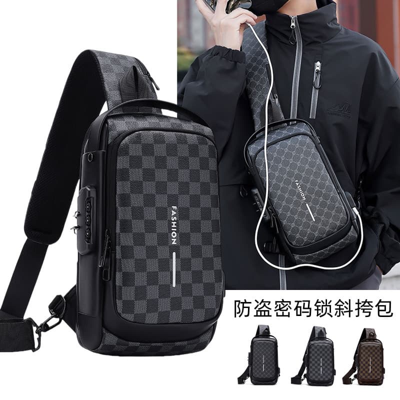 Cross-Border Anti-Theft Chest Bag Motorcycle Password Lock Men's Shoulder Bag Fashion Plaid Casual Sports Multi-Functional Crossbody Bag