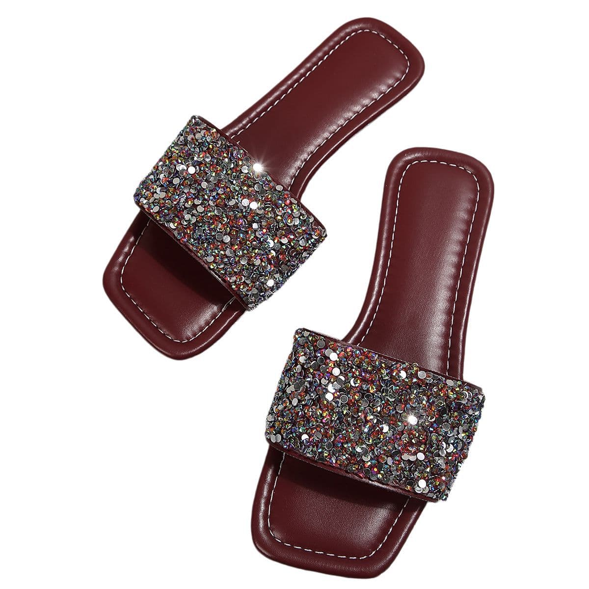[Cross-border Trade] New Large Size Low Heel Glitter Versatile One-Strap Slippers Casual Open-Toe Flat Sandals for Outdoor Wear