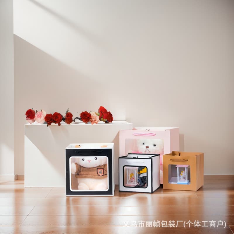 Valentine's Day Square Gift Bag Teacher's Day Cake Flower Packaging Bag Transparent Window Doll Wholesale Tote Bag