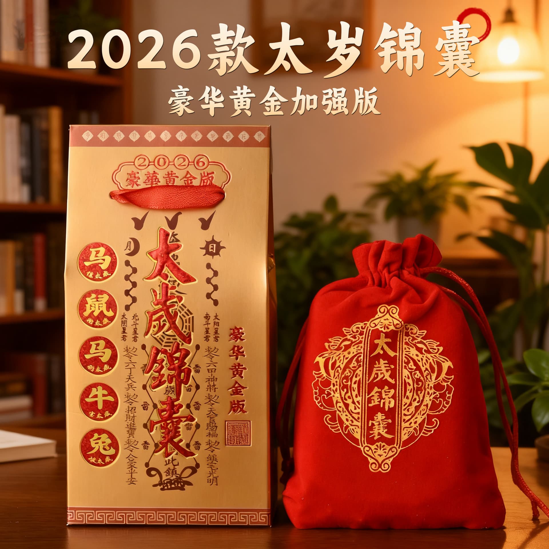 Manufacturer in-stock 2026 Year of the Fire Horse Tai Sui amulet pouch velvet bag for Horse, Rat, Ox, Rabbit zodiac.