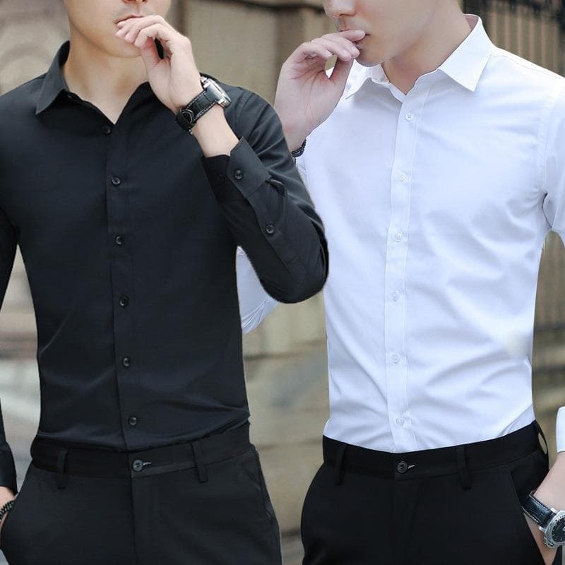 Men's Long Sleeve Slim Fit Non-Iron Dress Shirt White Business Formal Work Shirt Groom Wedding Shirt
