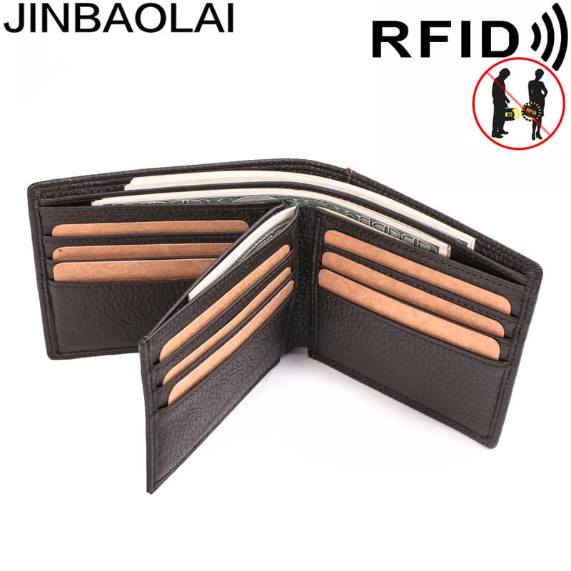 Jinbaolai Anti-Magnetic Multi-Function Cowhide Wallet Tri-Fold Large Capacity Multi-Slot RFID Men's Genuine Leather Wallet