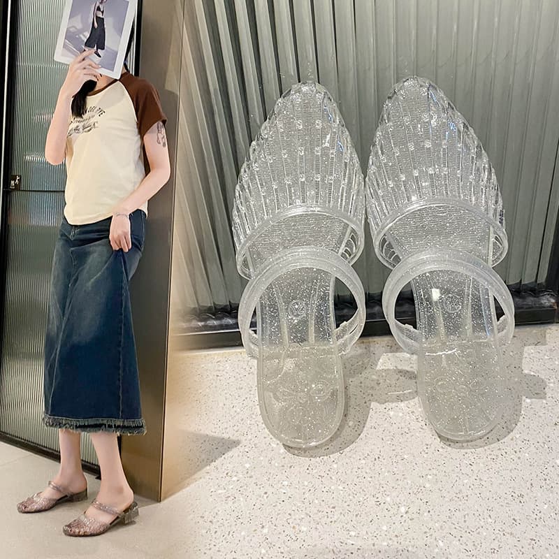 Summer New Transparent Crystal Two-Way Slippers for Women, Fashion Outdoor Non-Slip Jelly Shoes, Casual Beach Plastic Sandals