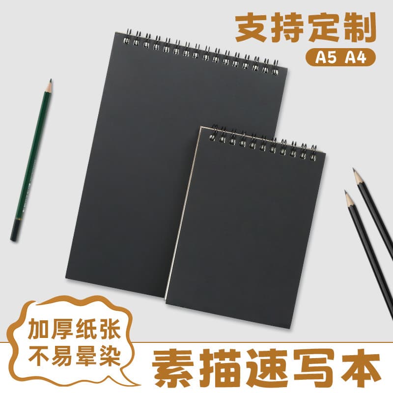 Custom A5-sized art sketchbook with flip-up spiral drawing paper, markers, and blank drawing paper.