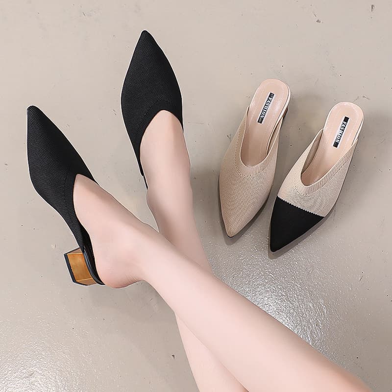 Summer Closed-Toe High Heel Mules for Women 2024 New Export Knitted Chunky Heel Pointed Toe Lightweight Breathable Trendy Slippers
