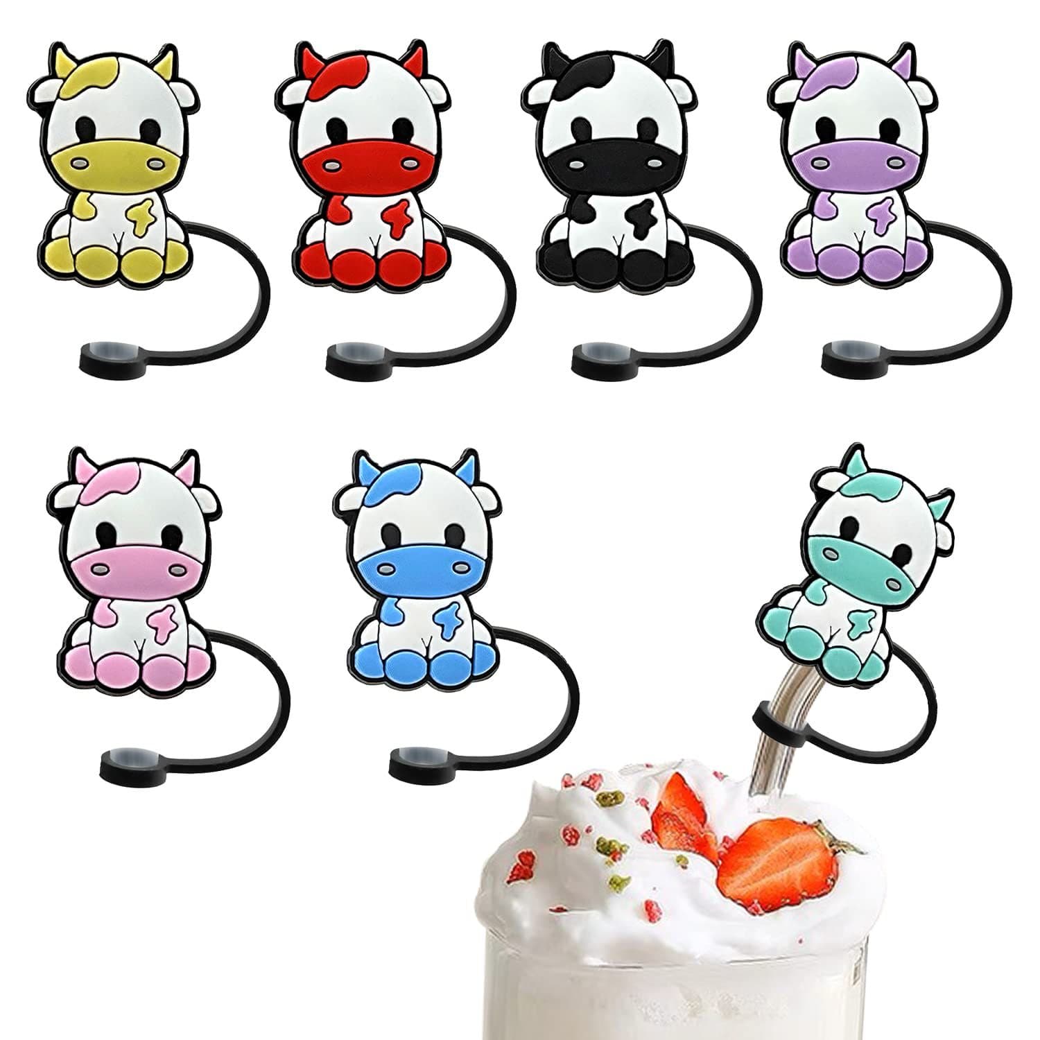 Cow Straw Topper, Splash-Proof Straw Cover Soft Silicone Straw Tip Cover Dust-Proof Straw