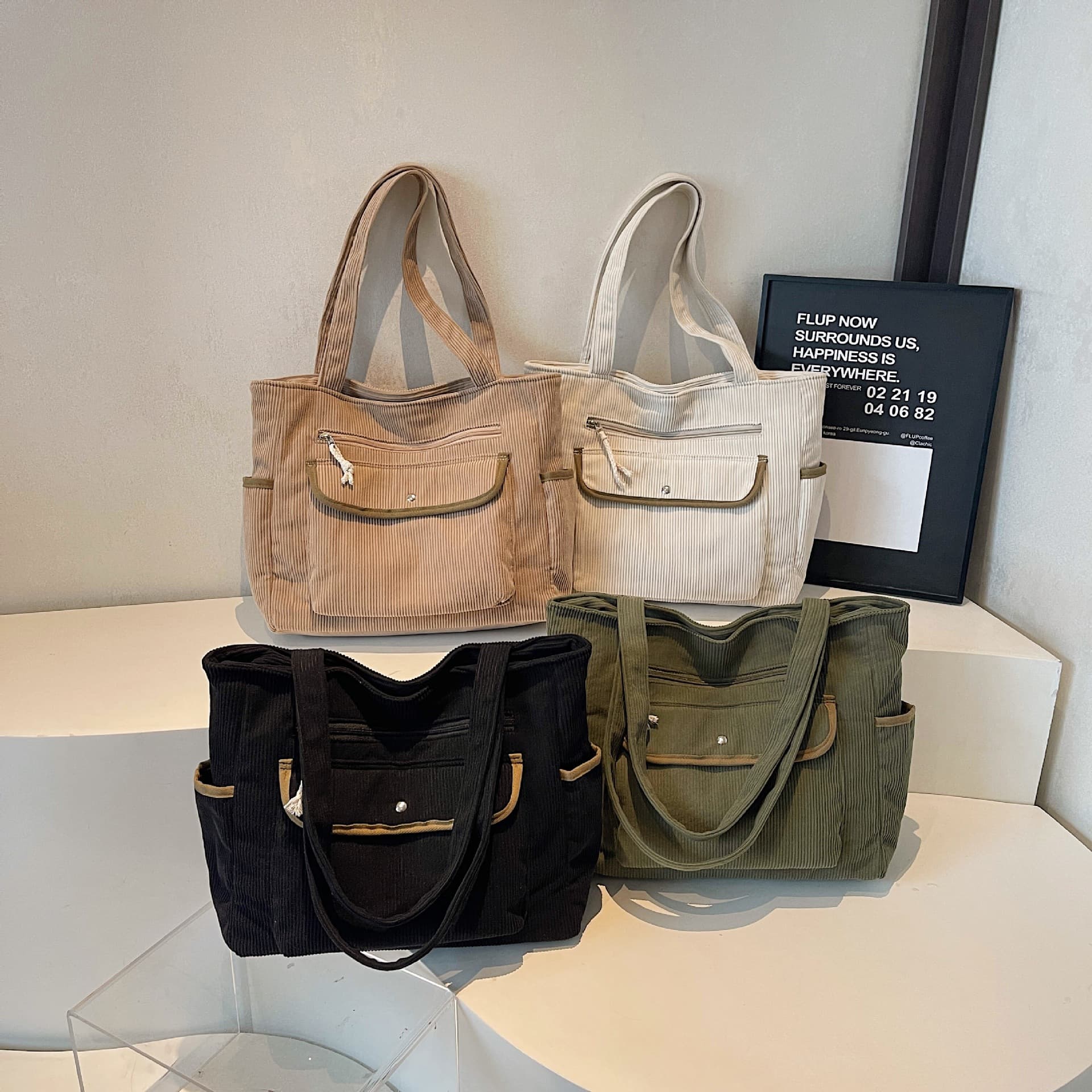 Autumn Winter 2025 New Winter Women's Handbag Multi-Pocket Travel Handbag Corduroy Color Block Shoulder Bag