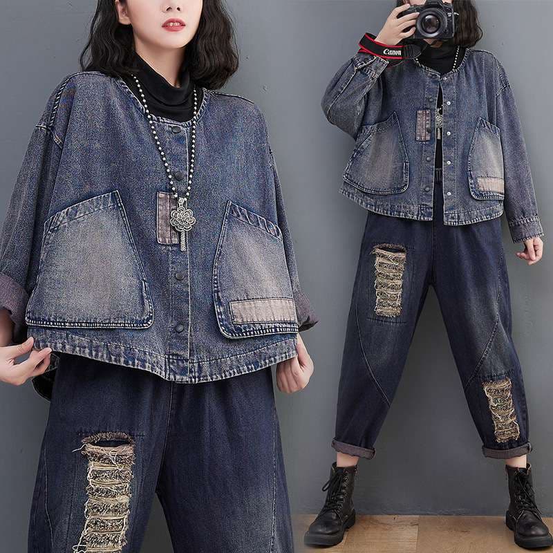 In Stock Real Shot Denim Jacket Women 2024 Autumn Long Sleeve Dark Vintage Loose Short Casual Patchwork Women's Clothing