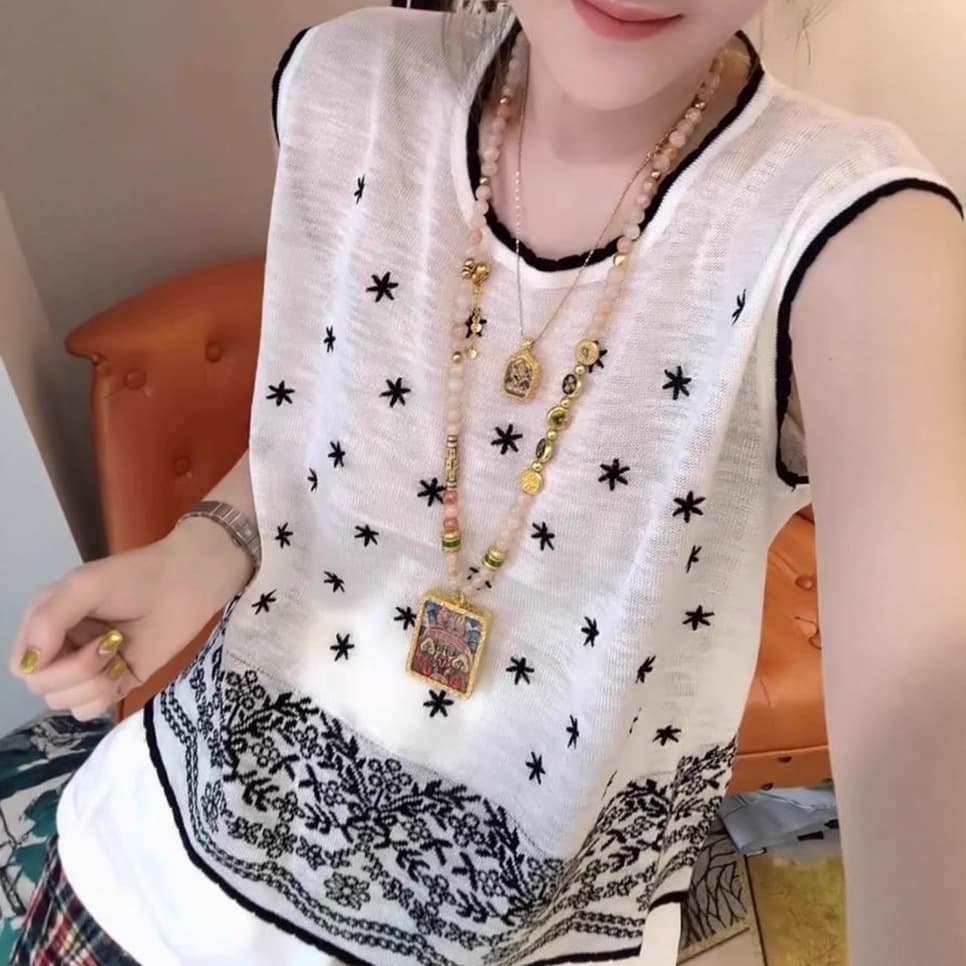 Ethnic Style White Printed Knit Vest for Women Summer Thin Outerwear High-End Retro Elegant Slimming Sleeveless Top