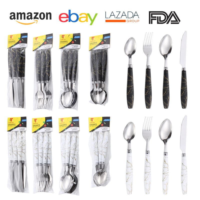 Stainless Steel Cutlery Set 6pcs Knife Fork Spoon Marble Pattern Plastic Handle Western Restaurant Steak Knife Fork Spoon