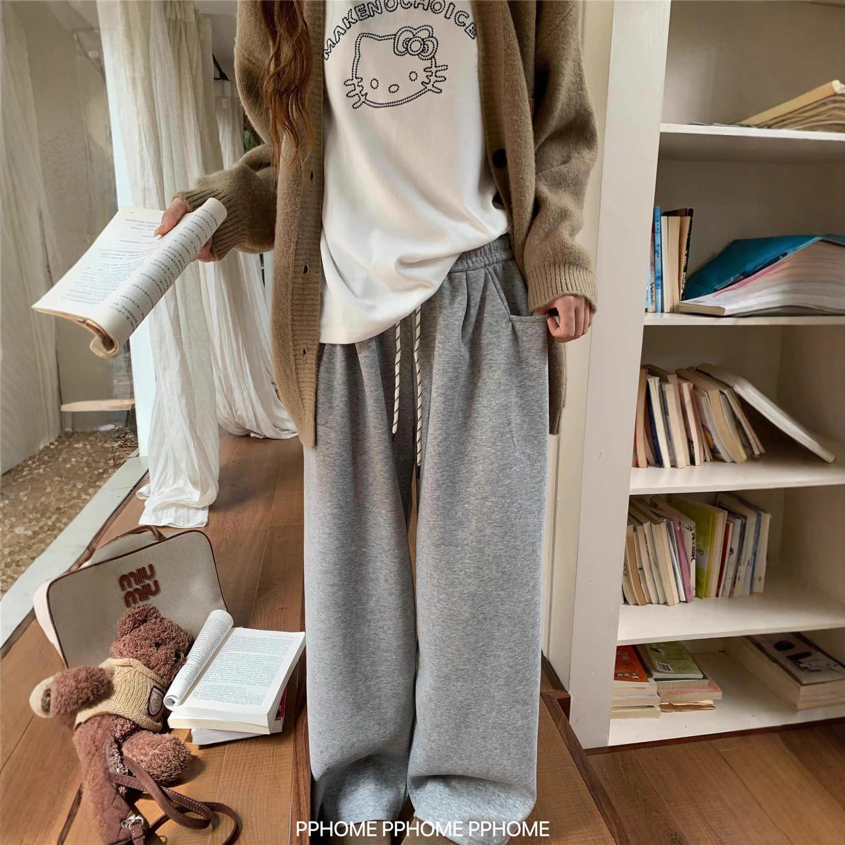 Lazy Style Drawstring Wide Leg Pants for Women Fall 2025 New High Waist Draped Straight Leg Pants Loose Slimming Casual Trousers