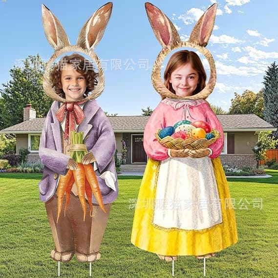 Easter Yard Sign with Rabbit and Chick Photo Frame, Custom Outdoor Garden Lawn Sign, PP Corrugated Board with Stake