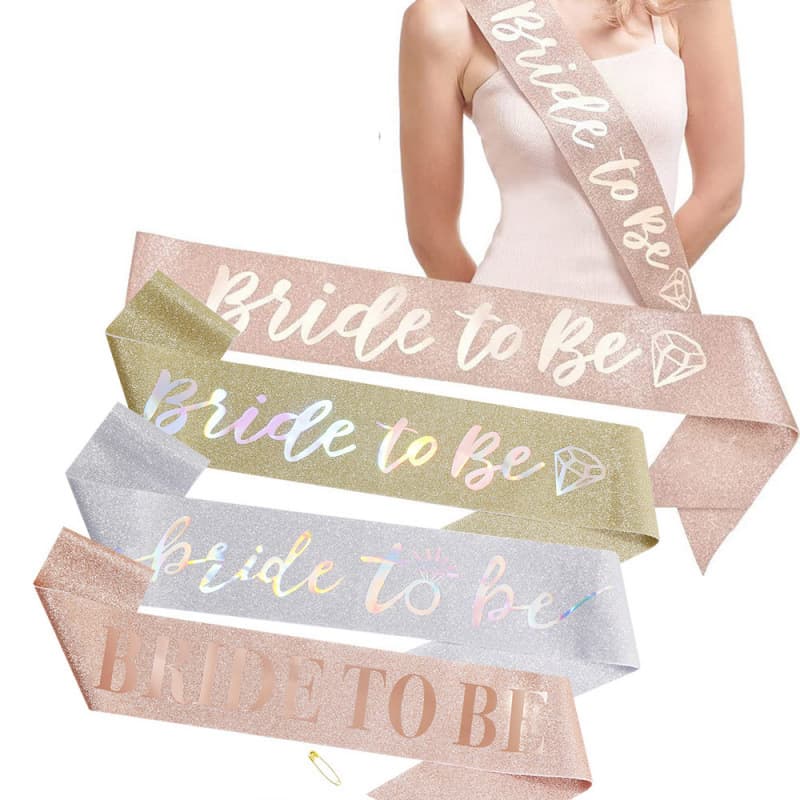 Bride to Be Sash Bachelorette Party Photo Prop Glitter Rose Gold Ribbon Sash Set