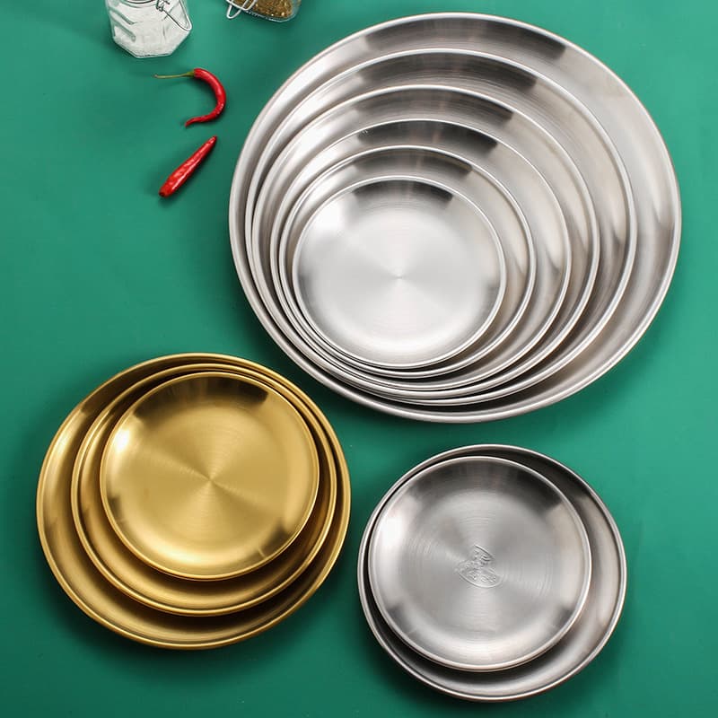 304 Stainless Steel Korean-Style Gold Tray, Western Food Plate, BBQ Plate, Cake Dessert Fruit Round Plate, Buffet Plate