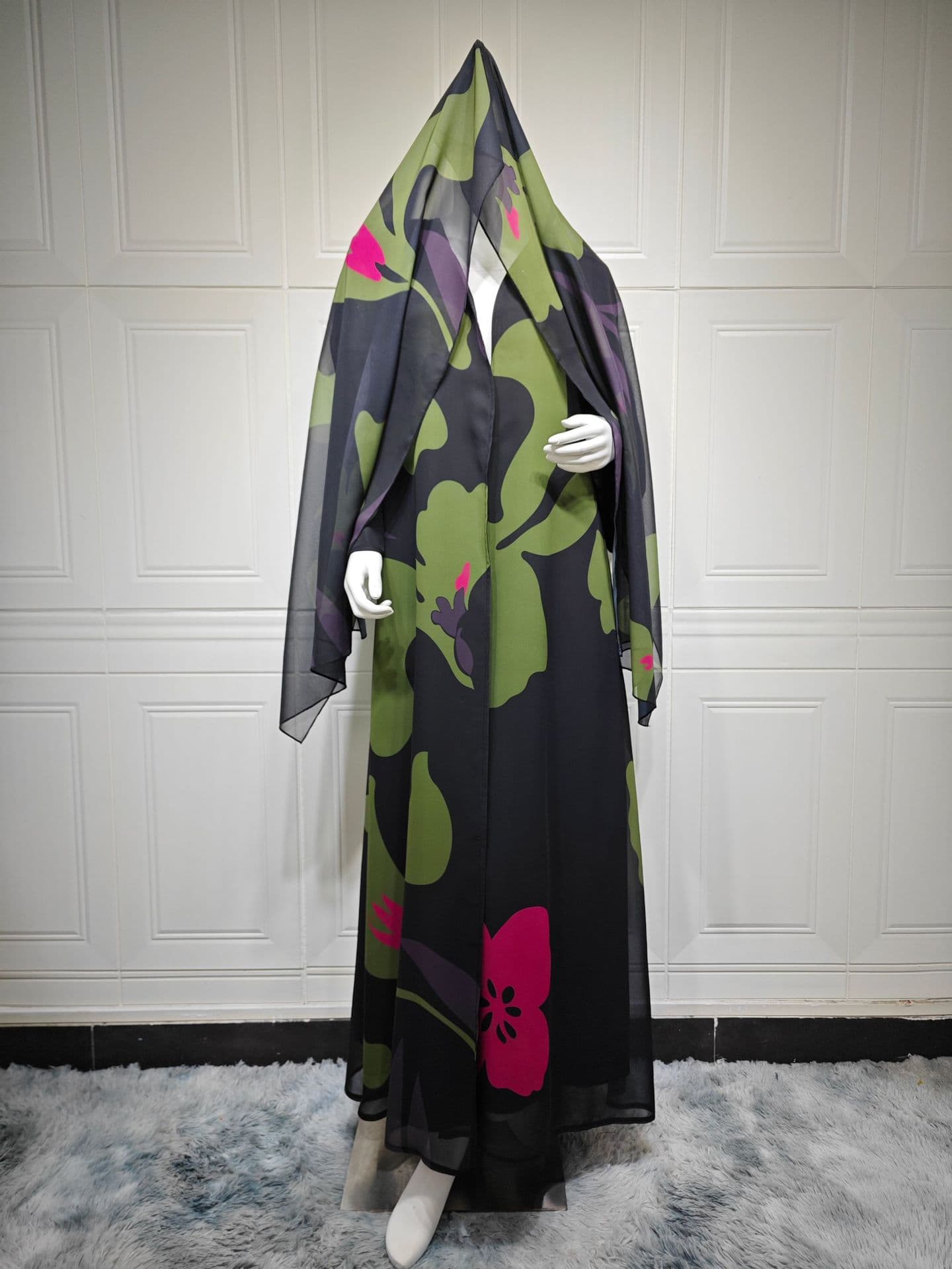 MQ265 2026 Spring New Modest Fashion Cross-Border Flared Chiffon Printed Long Dress with Headscarf Two-Piece Set