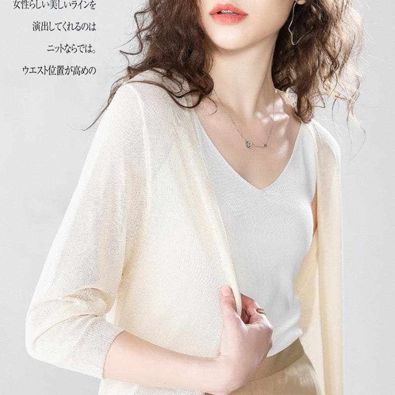 Summer Long Ice Silk Sun Protection Thin Knitted Hollow Out Air Conditioning Shirt Women's Summer Top Breathable Lightweight