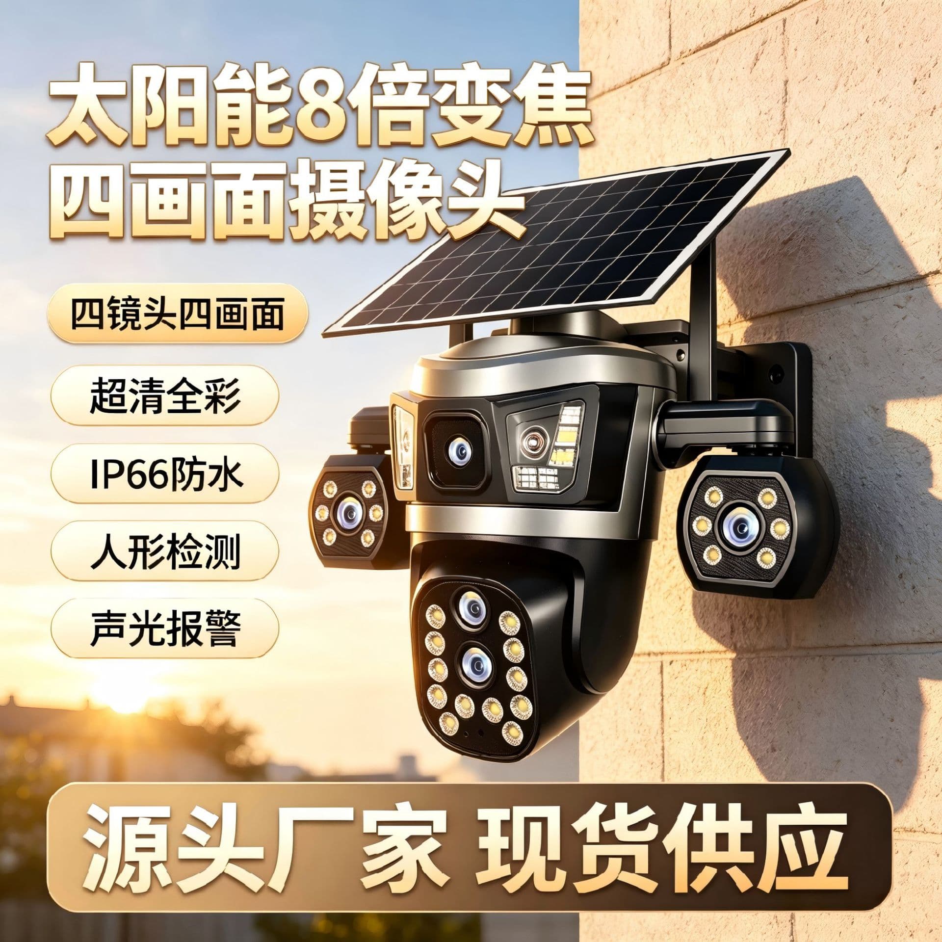 New AOV Four-Lens Solar 8x Zoom Security Camera HD Quad View 20MP Outdoor Camera