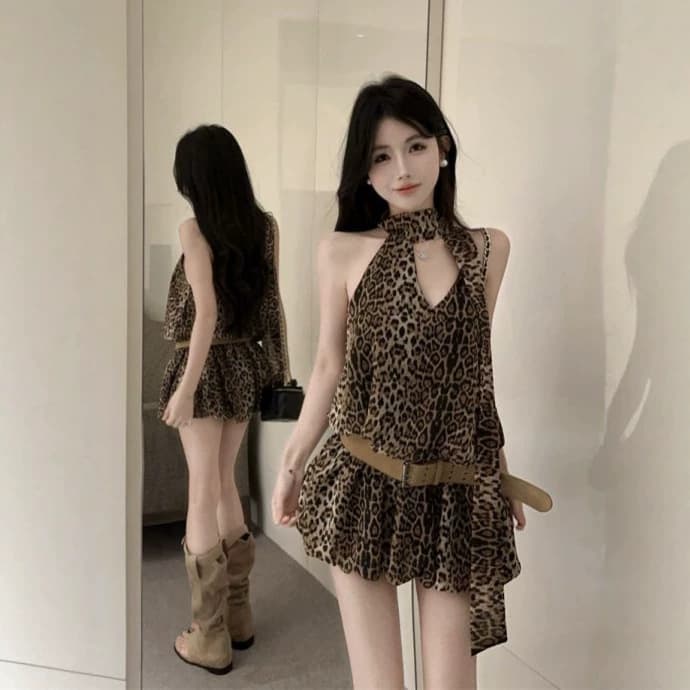 American Retro Leopard Print Halter Dress for Women, New Summer Slimming Waistless Sleeveless A-Line Mini Dress