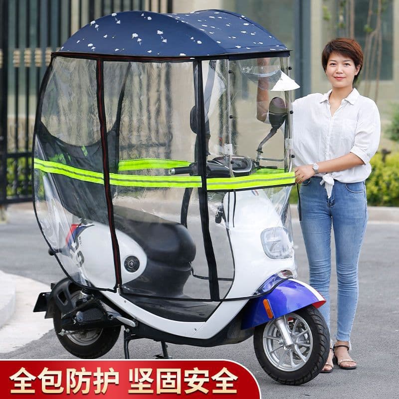New safe rain and sun shelters with windshields for electric scooters and motorcycles.