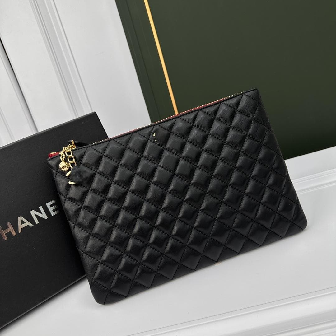 Chanel-style Diamond Quilted Zipper Clutch Bag for Women, Genuine Leather, Large Capacity Organizer Wallet, Fashionable Versatile Light Luxury Style