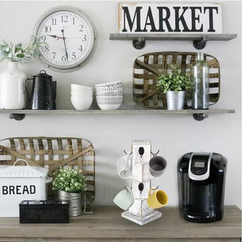 Wooden coffee cup tree rack in rustic style, antique white 8-hook mug tree suitable for bar counters
