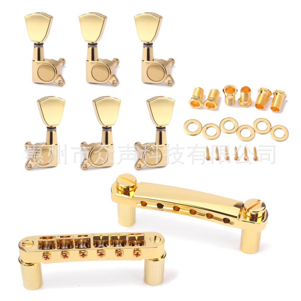 LP Gold Bridge and 3 Left 3 Right Gold Tuning Pegs Guitar Parts