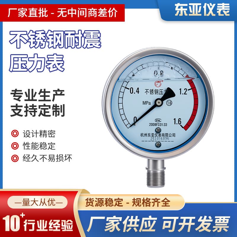 Dongya Instrument YN-100BF Stainless Steel Vibration-Resistant Pressure Gauge, Stainless Steel Pressure Gauge for Negative Pressure, Water Pressure, and Air Pressure