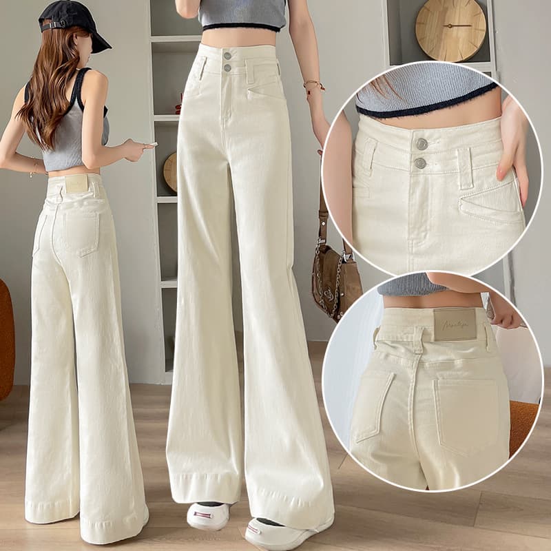 Off-white Denim Wide Leg Pants for Women, High Waist, Tummy Control, Flared, Floor-Length, 2024 Winter New Arrival