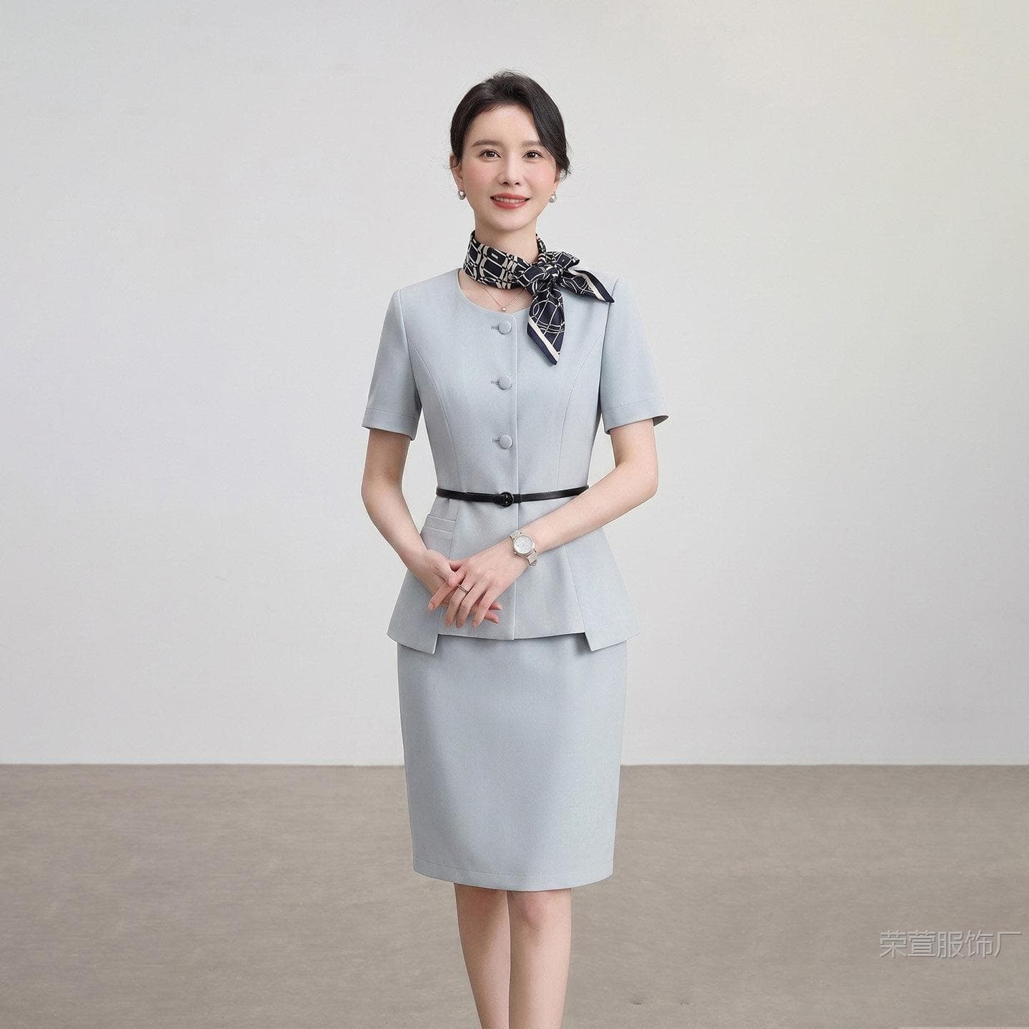 Women's Summer Short-Sleeve Professional Suit, Gray-Blue, Waist-Tightening, Elegant Beauty Salon Workwear, Hotel Front Desk Reception Uniform