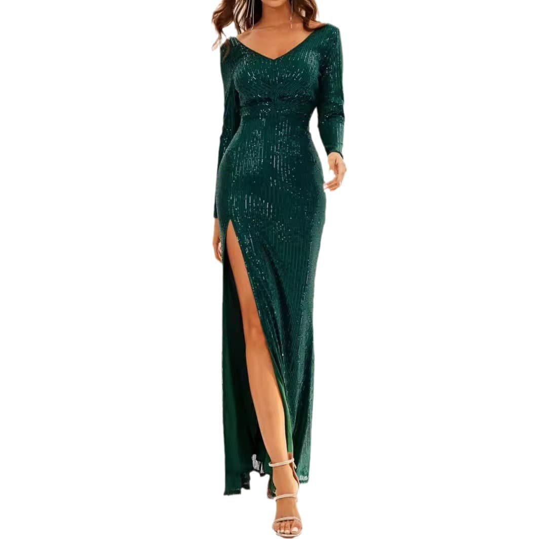 New European and American Sequin Dress, Amazon Long-Sleeve V-Neck Slim Fit Long Wedding Banquet Dress