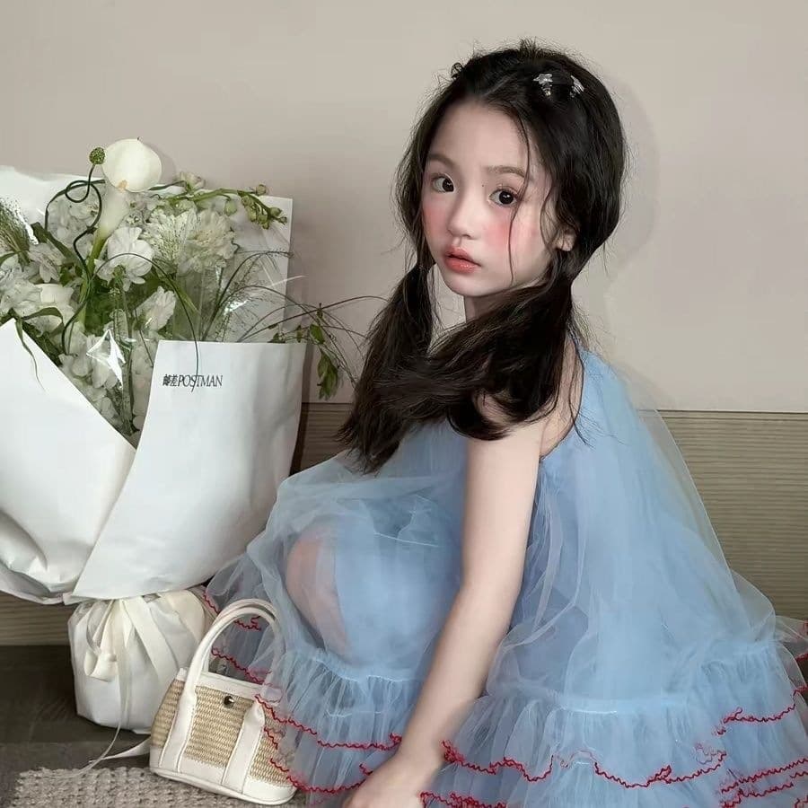 Summer Girls Dress Mesh Children Princess Dress Fashionable Strappy Dress Baby Sweet Puffy Dress Outfit