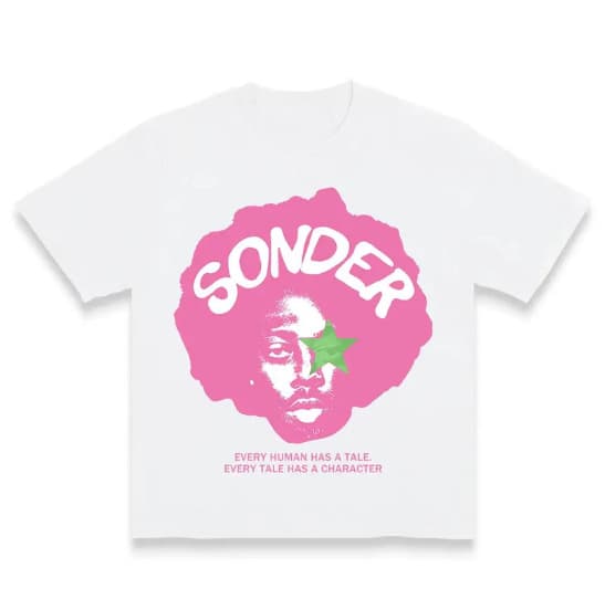 Bold Pink 'Sonder' Letter and Geometric Print Rap T-Shirt, Casual Round Neck Street Style Short Sleeve