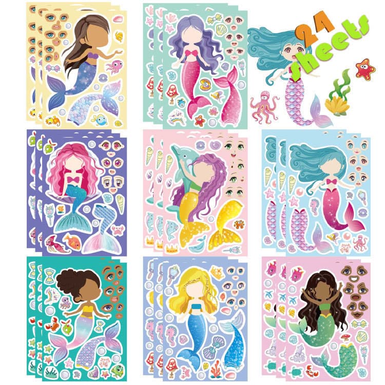 Cartoon Make A Mermaid Sticker Mermaid Party Favor Sticker Make Your Own Mermaid