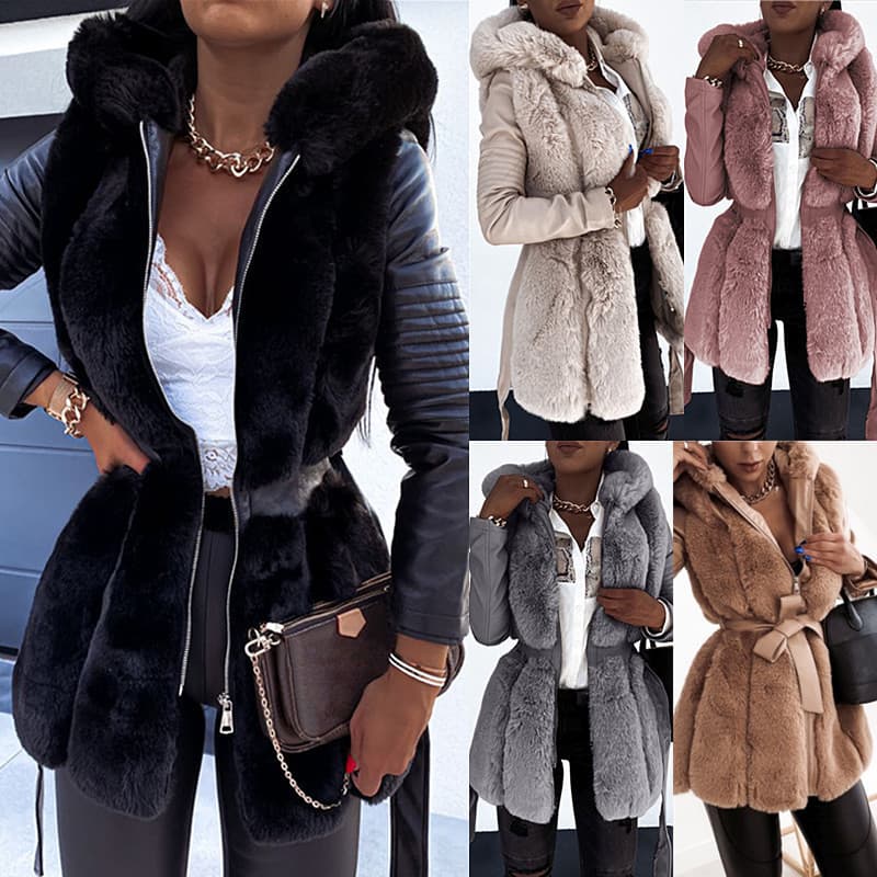 Trendy 2024 Women's Fur Coat with Waist Belt Hooded Solid Color Zipper Jacket PU Leather Long Sleeve Commute Style for Adults