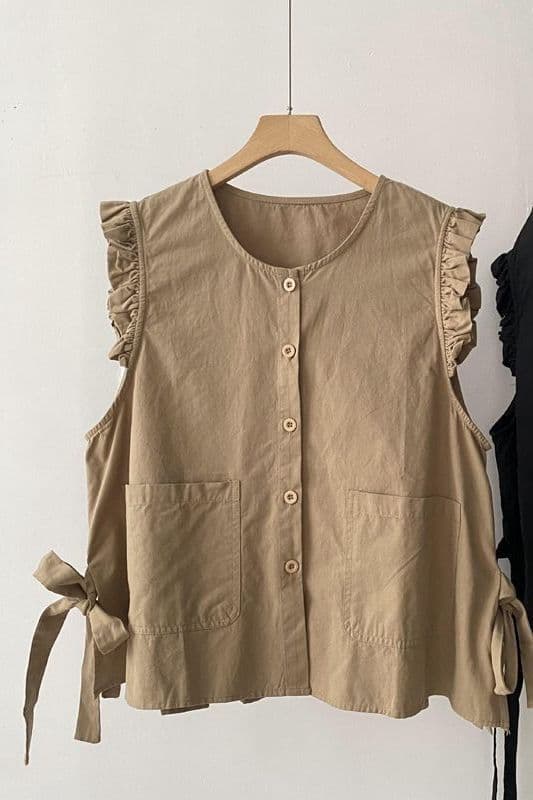 Plus-size Mori Girl style waistcoat with bow tie belt, loose fit, versatile for summer.