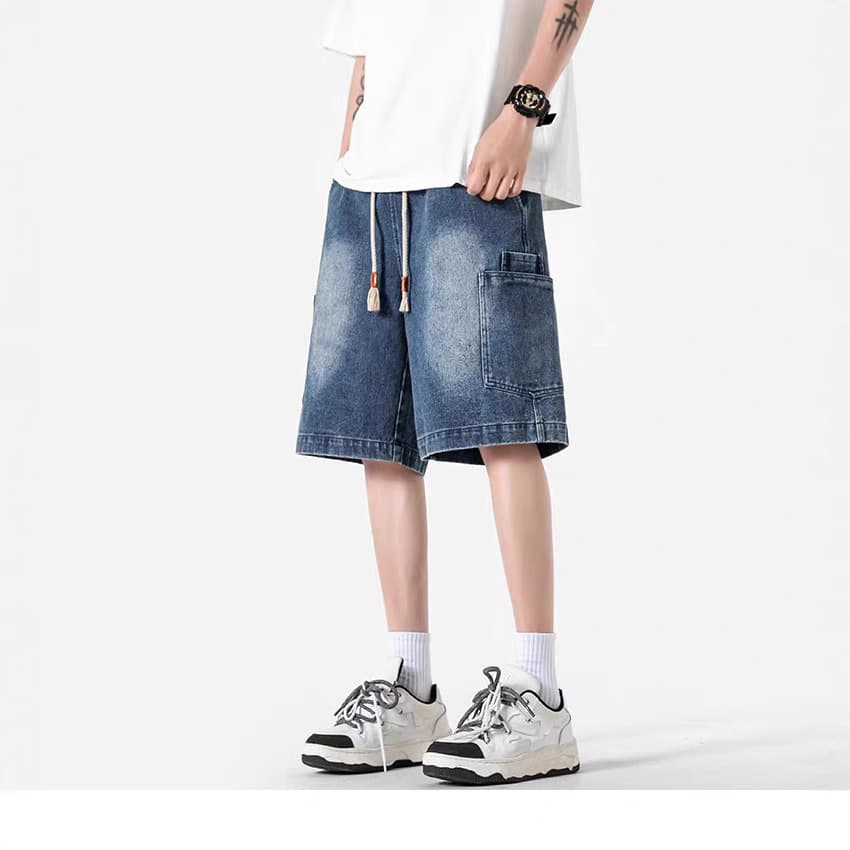 Men's Summer Cargo Denim Shorts with Large Pockets, Trendy Casual Mid-Length American Retro Loose Fit Shorts for Teenagers