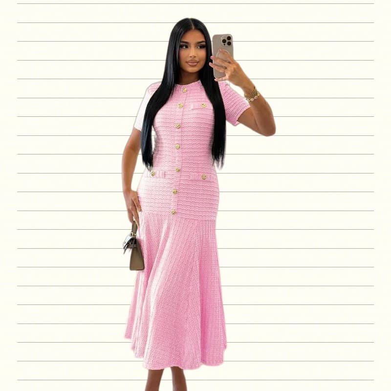 Women Lurex Hollow Out Knit Long Dress O-Neck Button Short S