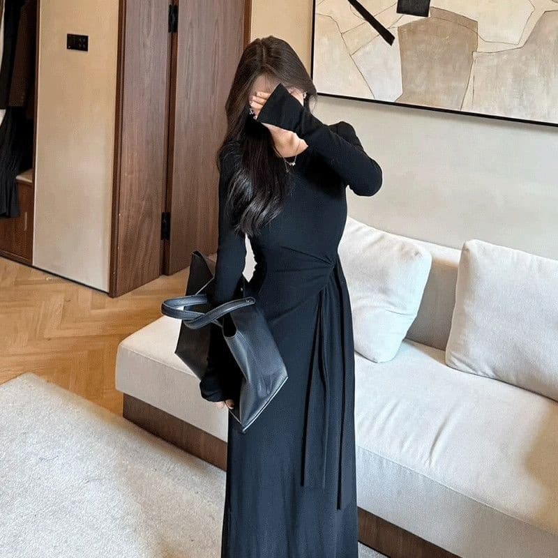 New Round Neck Tie Long Sleeve Fashion Dress for Women, Brushed Stretch Fabric, Slimming and Elegant Long Dress for Fall and Winter