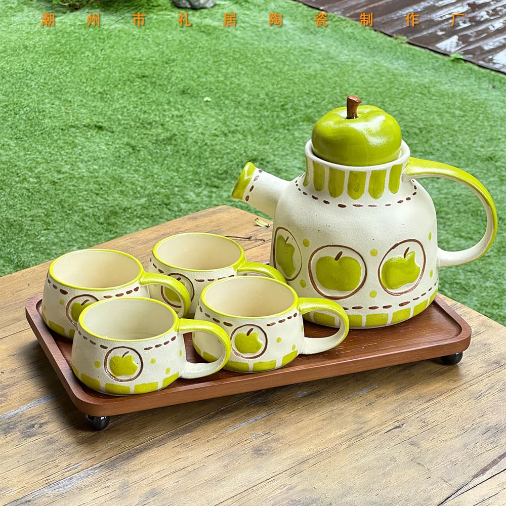Wholesale Hand-Painted Green Apple Ceramic Tea Set, Home Hospitality Light Luxury Coffee Mug, Gift for Friends