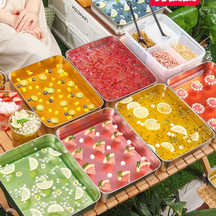 Ice Jelly Boxes for Street Vending, Commercial Ice Jelly Containers, Stainless Steel Storage Tin with Ingredient Compartments