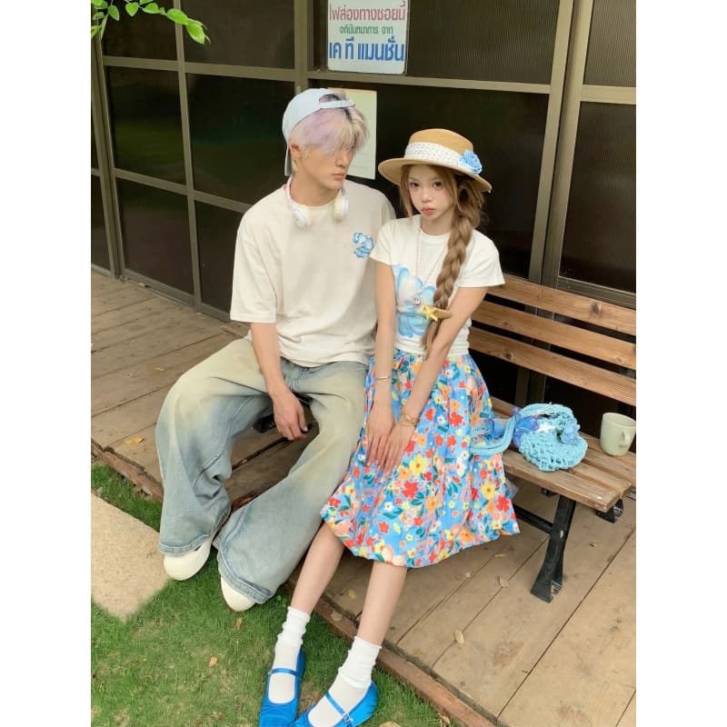 Real-shot Couple Outfit, Fresh Dopamine Style, Unique Design, 2-Piece Set: Short Sleeve + Skirt