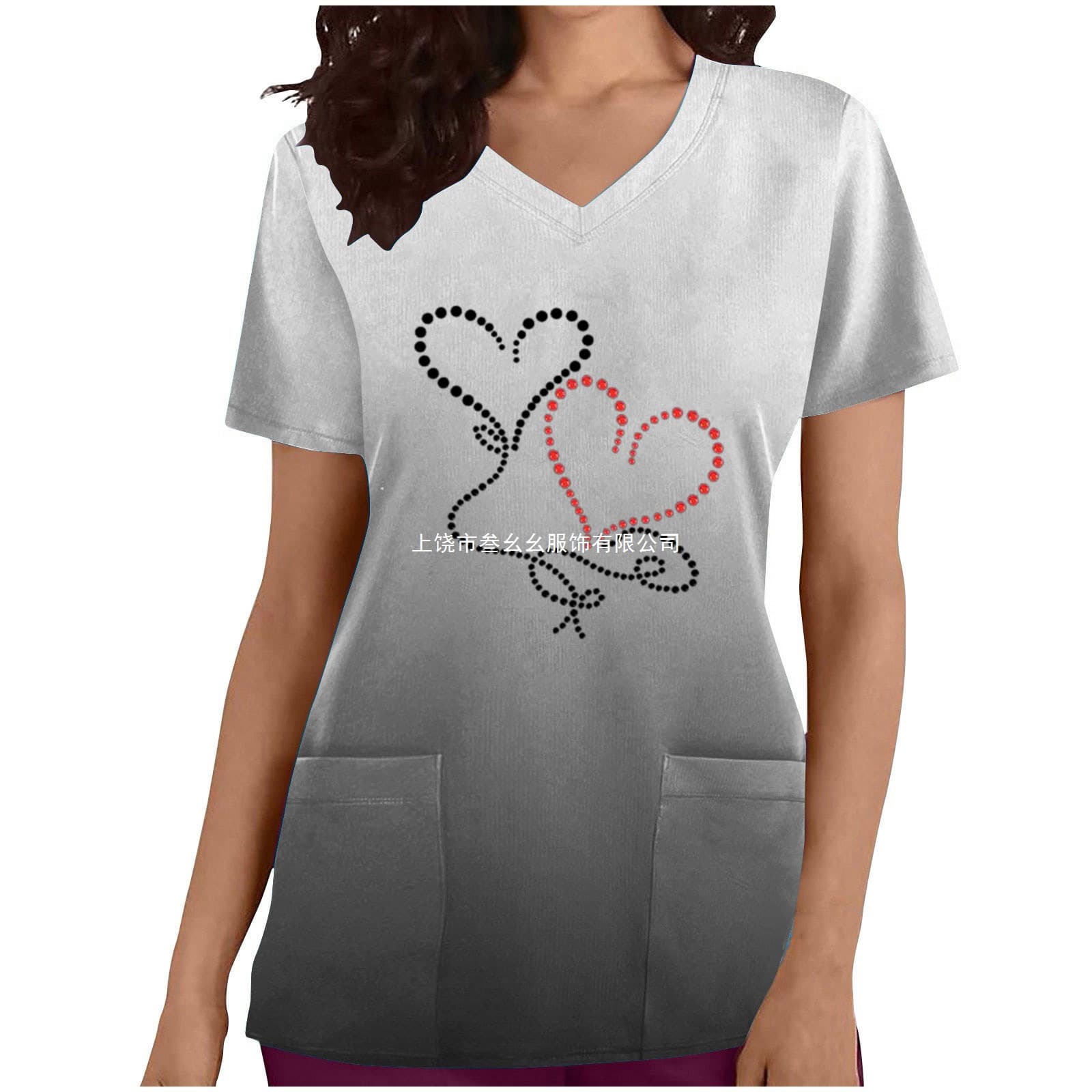 Cross-Border Amazon Independent Station European and American Nurse Uniform for Women, V-Neck Short Sleeve Valentine's Day Theme 3D Print with Pockets