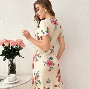 European and American New Export Printed Nightgown for Women, Ruffle Hem Printed Nightgown, Summer Round Neck Loose Long Nightgown