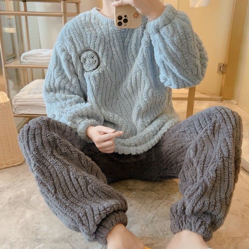 Men's Fleece Lined Thickened Coral Fleece Pajamas Set Home Clothes Large Size Teenagers Autumn Winter Warm Flannel Sleepwear