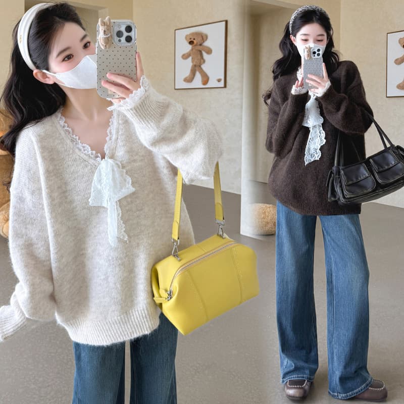 Internet Famous Maternity Wear 2025 Winter New Lace-Up Tie Sweet Stylish Loose Concealing Pregnancy Belly Sweater Top