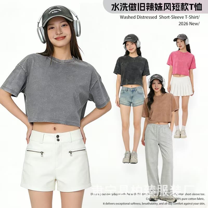 New 240g Pure Cotton American Retro Washed T-Shirt High Street Short Crop Top with Exposed Navel and Short Sleeves for Women, Trendy Hot Girl Style Top