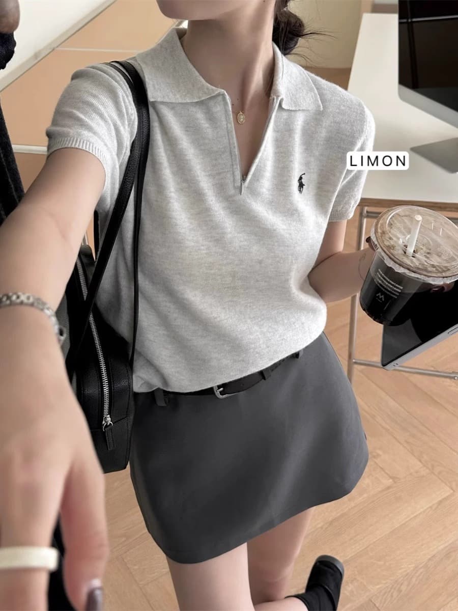Premium Polo Collar Knit Top for Women Summer New Korean Style Ice Silk Short Sleeve T-Shirt Slim Fit Cropped Regular Shoulder Top