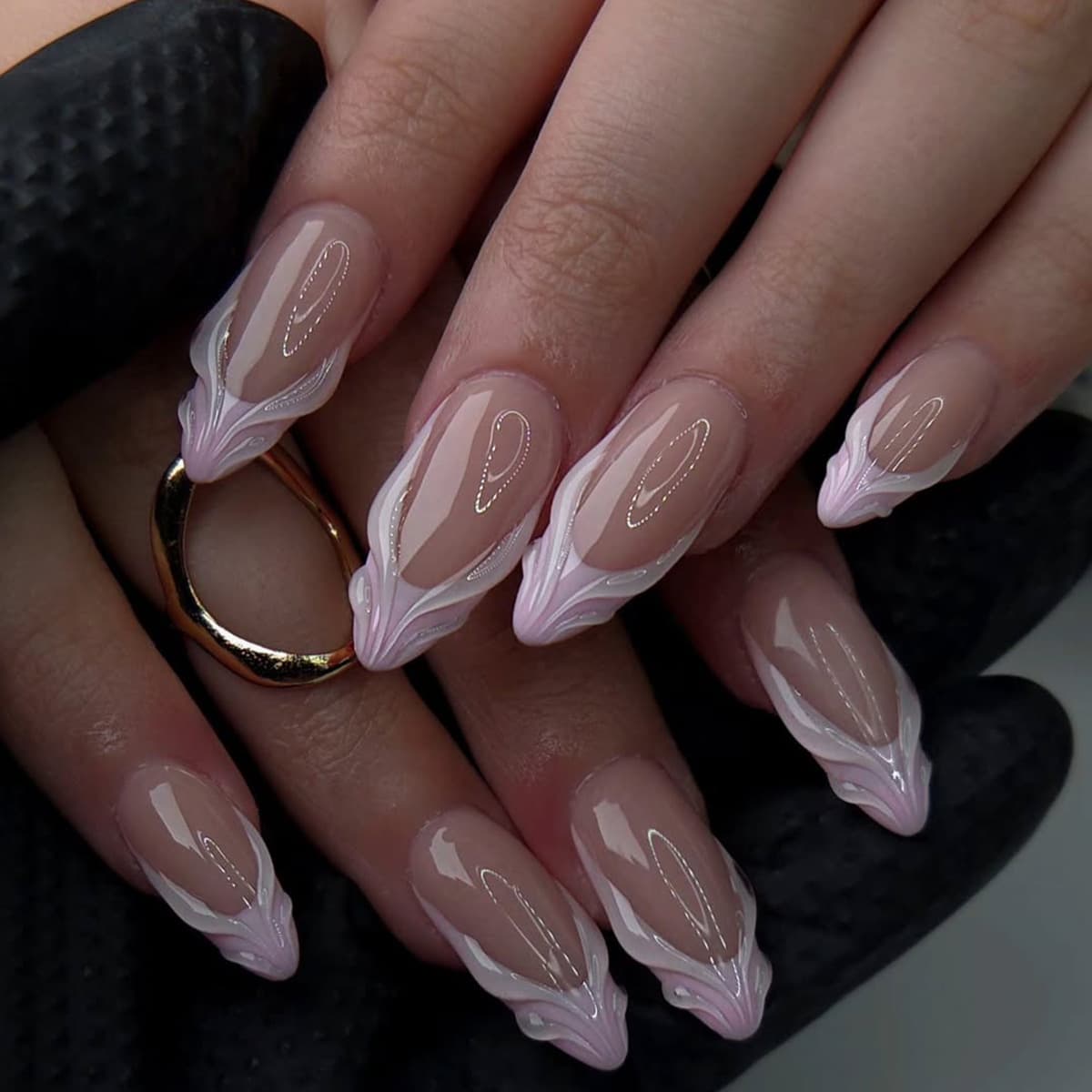 European and American Cross-border Wearable Nail Tips Premium 3D French Wave Pink-Purple Long Almond Nails Simple Fashion Nail Art